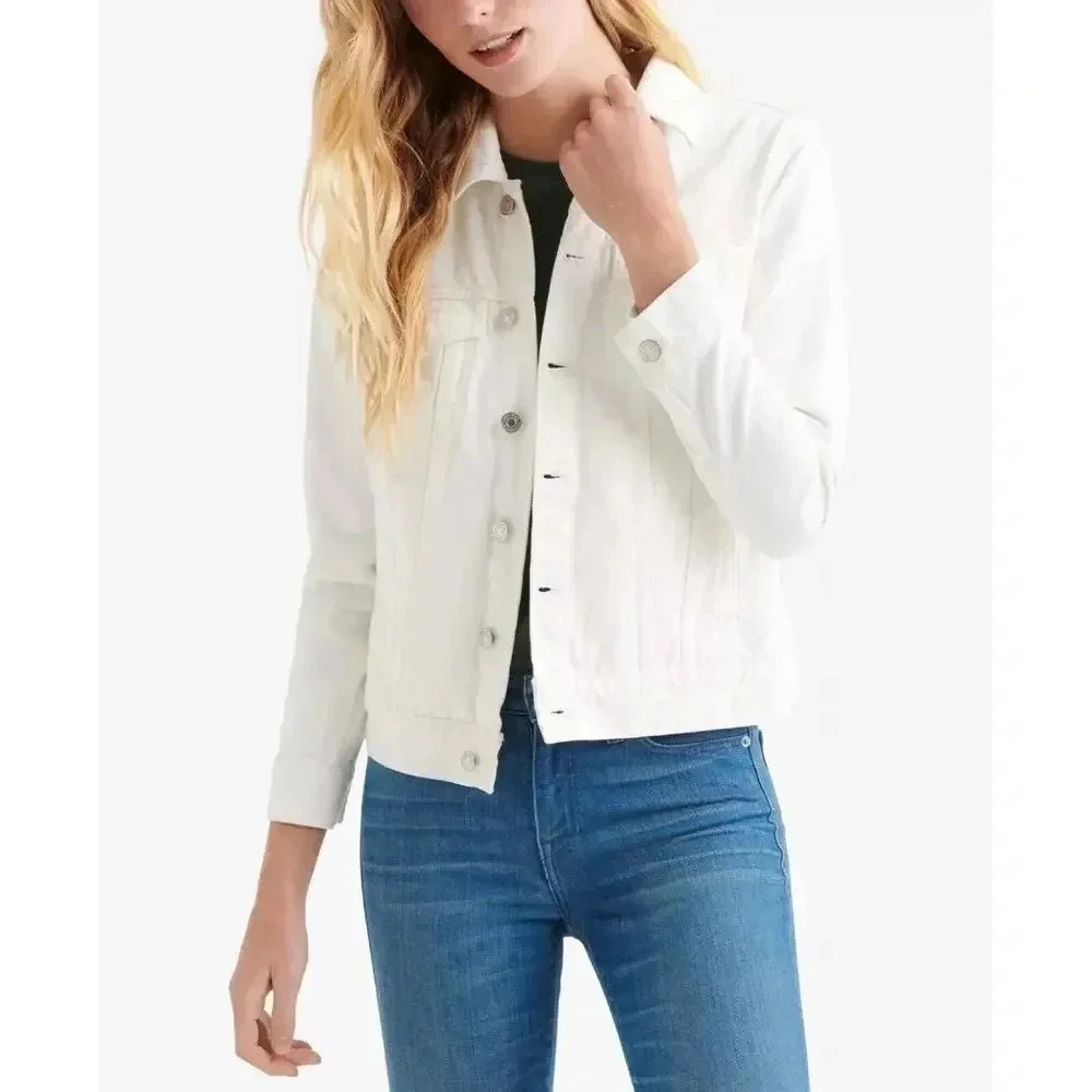 Lucky Brand Tomboy Trucker White Denim Jean Jacket Embroidered Back Size M
